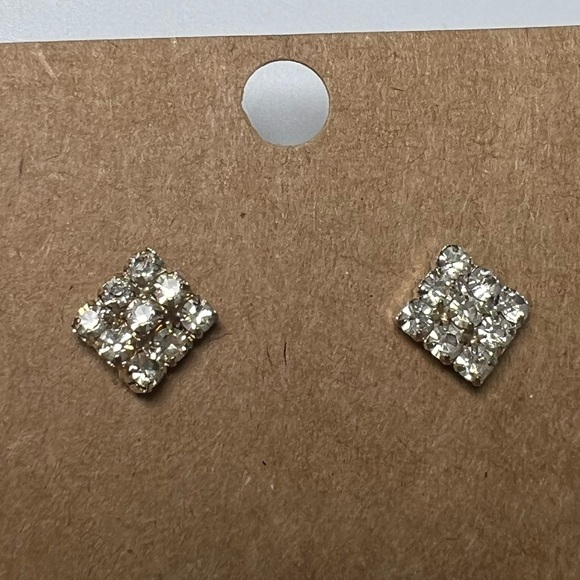 Square Diamond Simulant Silver Tone Stud Earrings - Picture 1 of 2
